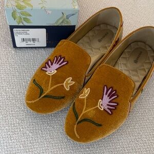 Birdies Mustard Floral Embroidered Loafers